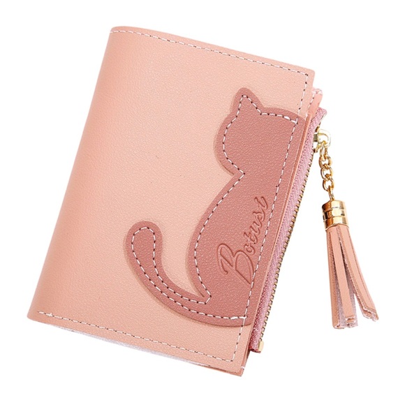 Handbags - Vegan Leather Two Tone Pink Cat Wallet with Tassel
